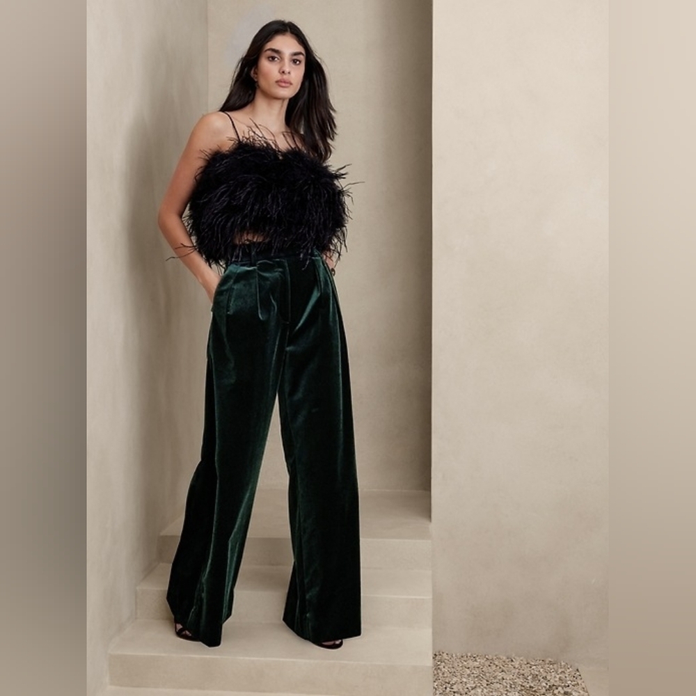 NWT Banana Republic 6 MSRP $180 Veluro Juniper Green Velvet Wide-Leg Pants